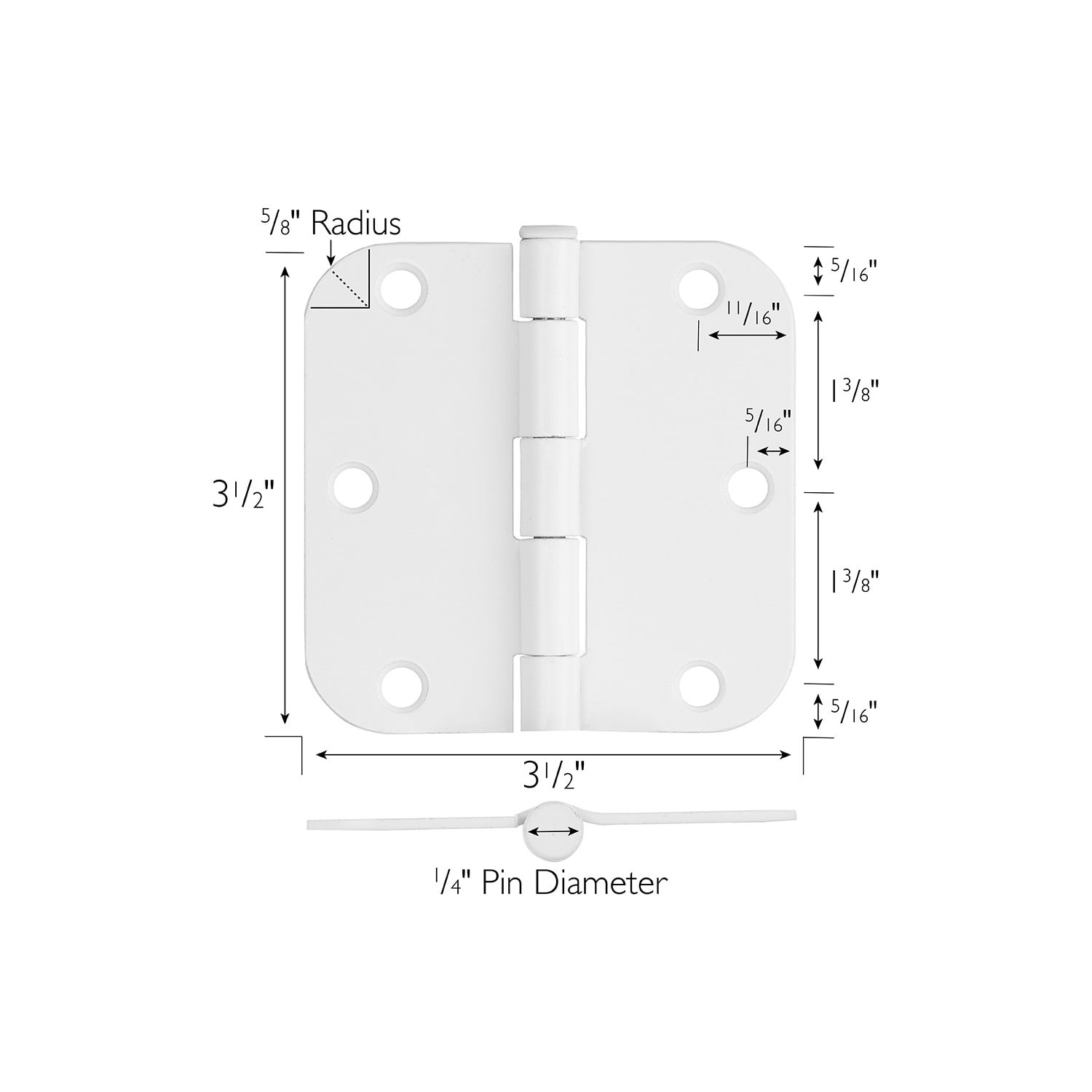 White Steel Plain Bearing Door Hinge with Removable Pin, 3-1/2 x 3-1/2 in. 5/8 in. Radius, 3-Pack