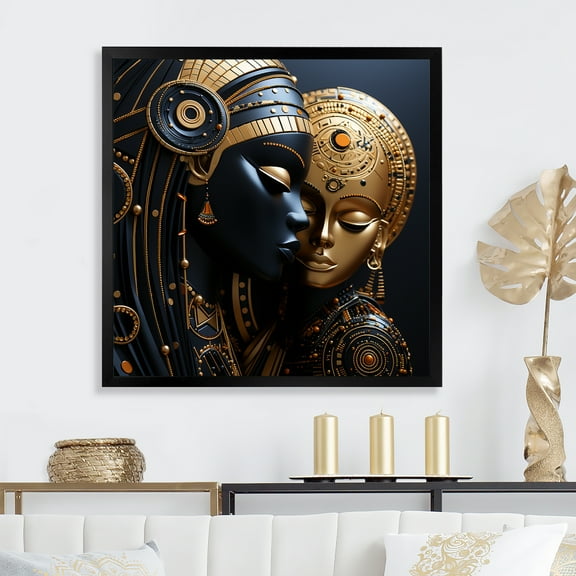 Designart "Cubist Portrait of African Mother in Black and Gold II" Fashion Framed Wall Art Decor - Glam Black Woman African American Entryway Framed Wall Art