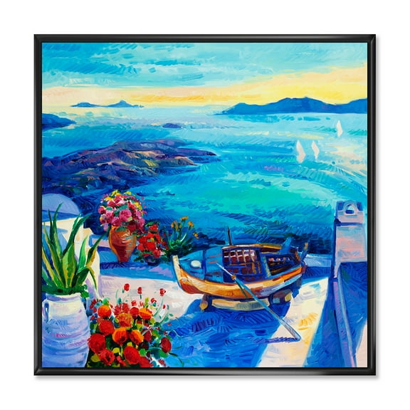 Little Red Flowers With Sea View 16 in x 16 in Framed Painting Canvas Art Print, by Designart