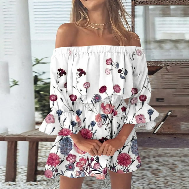 SMihono Robe d'Été pour Femmes Grande Taille Élégante Robe d'Été pour Femmes Aguichant Décontractée à Épaules Dénudées Manches Évasées Unie et Imprimée