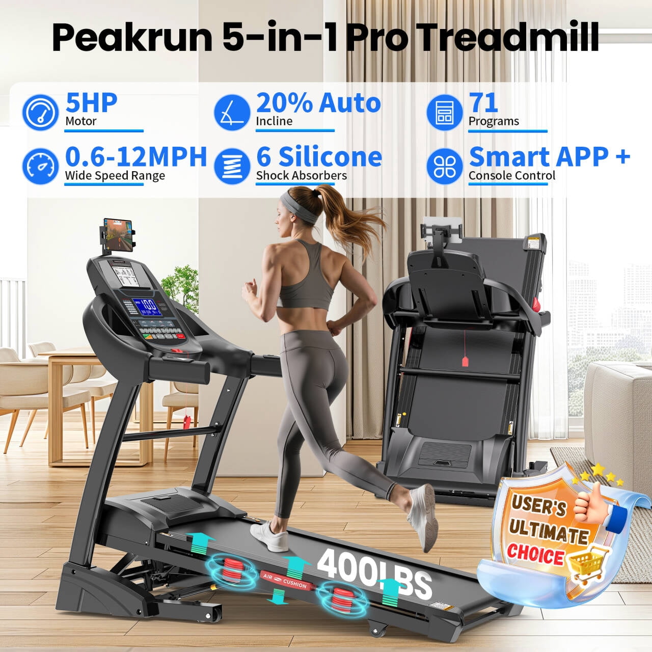 5HP Foldable Treadmill for Home w/ 20% Auto Incline, 400lbs Capacity, 12MPH Portable Treadmill, 64+7 Programs, Personalized Workout with APP, Running Walking treadmill
