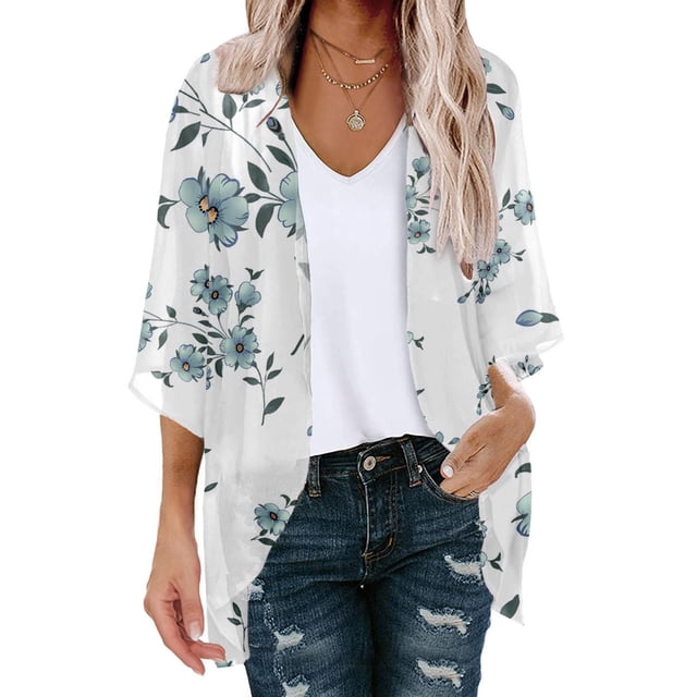 Cardigan Mignon pour Femme d'Été à Imprimé Floral, Manches Bouffantes, Cardigan Ample, Couvre-Maillot, Blouse Décontractée, Hauts Tendance d'Été, Cardigans pour Femmes en Liquidation