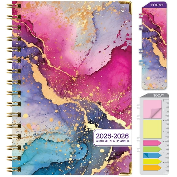 Academic Planner 2025-2026, Daily Weekly Monthly Yearly Planner, June 2025 - July 2026, 14 months, 5.5"x8", Bookmark, Pocket Folder and Sticky Note Set (Rainbow Gold Marble)