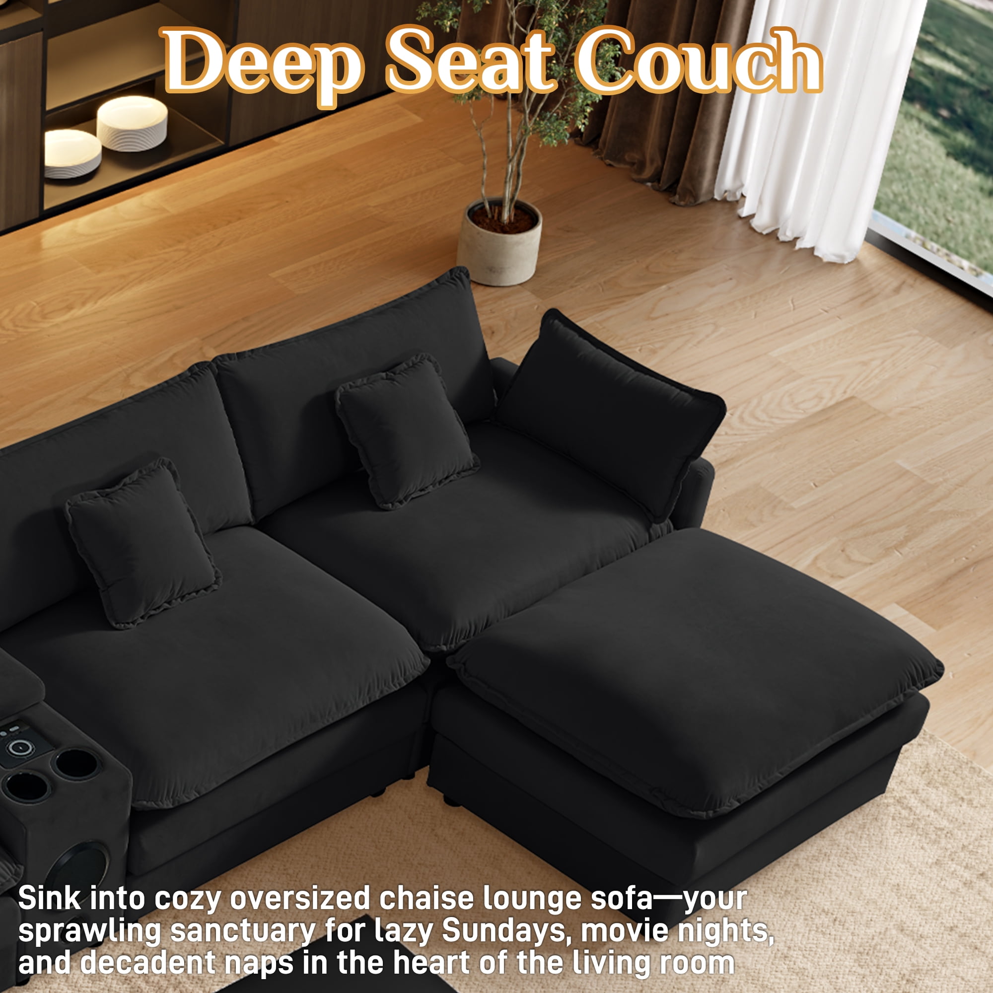 Wiilayok 163.2" U Shaped Sectional Sofa,Velvet Cloud Modular Sectional Sofa Couch Set with Double Chaise,Central Console,Cup Holder for Living Room,Black