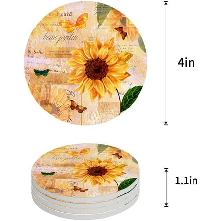 

ZHANZZK Sunflower on Old Newspaper Set of 8 Round Coaster for Drinks Absorbent Ceramic Stone Coasters Cup Mat with Cork Base for Home Kitchen Room Coffee Table Bar Decor