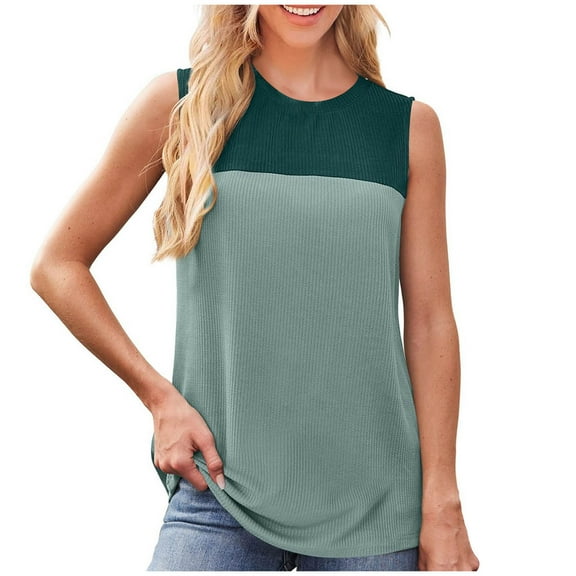 DeHolifer Women's Tank Tops Color Block Crewneck Sleeveless Summer Trendy Blouse Knit Tank Tops Green 2XL