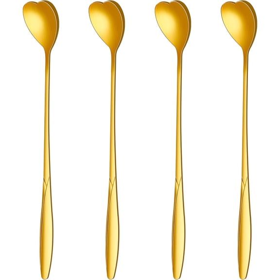 Kiibsot 4 Pcs Heart Shaped Spoon Dessert Spoons Coffee Teaspoon, 7 Inch Gold Stirring Spoons Set, Heart Stainless Steel Stir Bar Spoon Stirring Spoon Ice Cream Dessert Spoon Spice Spoons