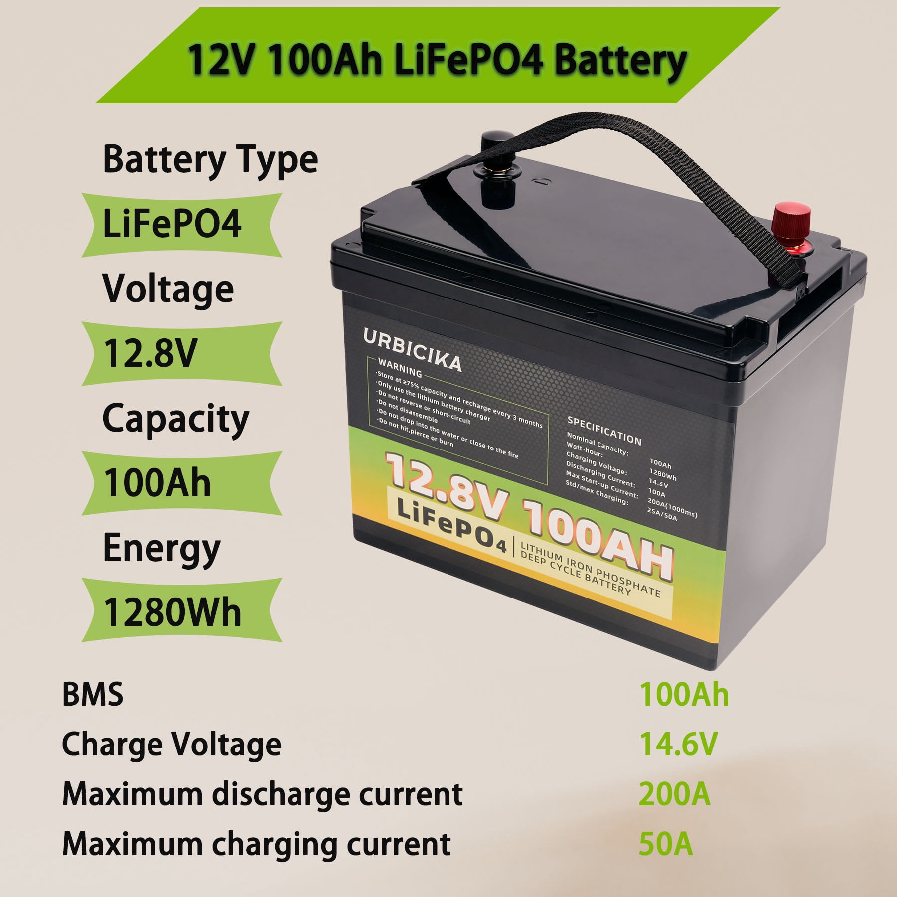 Eurobike 12V 100AH LiFePO4 Lithium Battery with 100A BMS, Lightweight for RV, Solar, Trolling Motor, Energy Storage