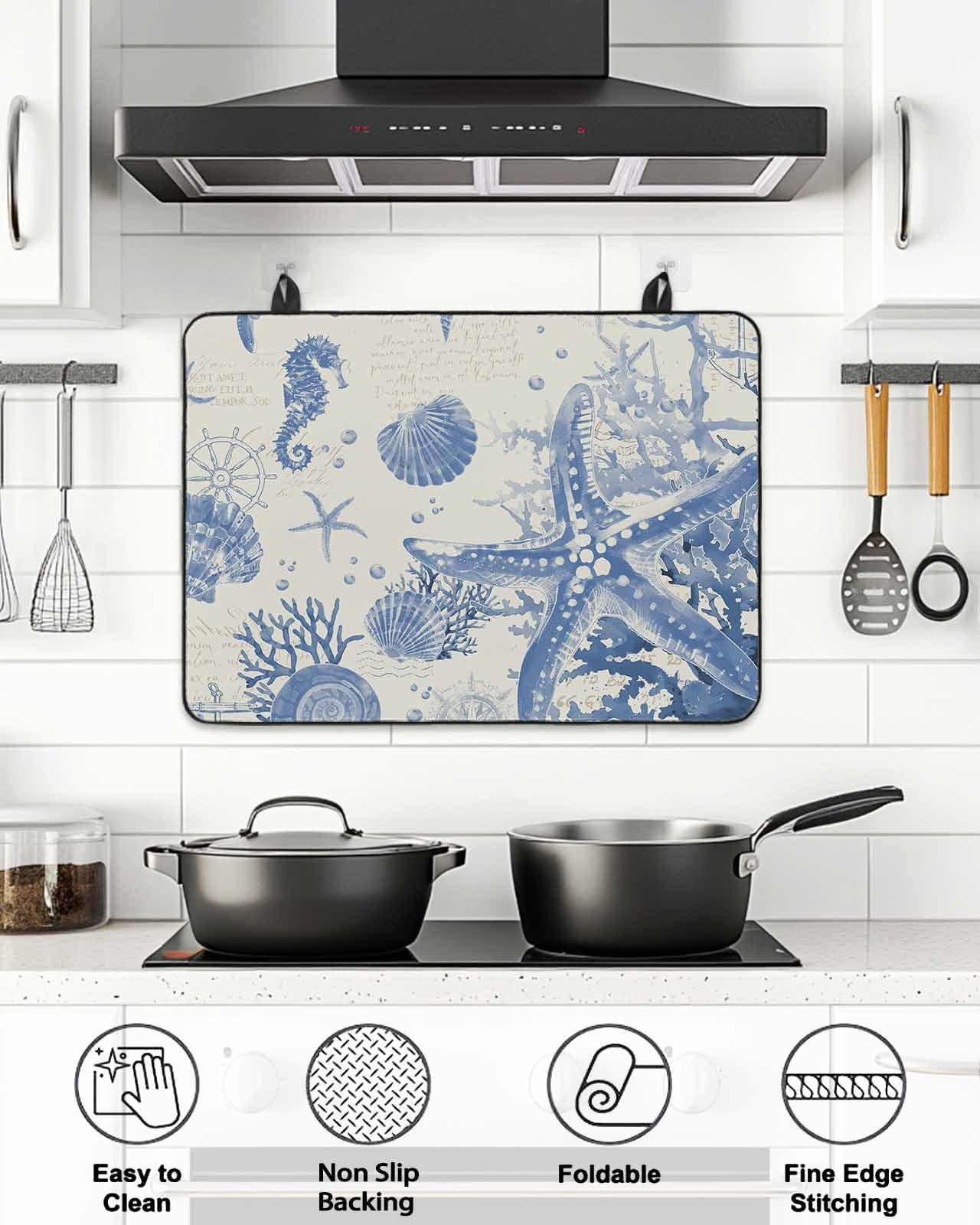 Stove Top Covers for Electric Stove, Blue Coastal Starfish Glass Stovetop Cover Protector, Beach Ocean Nautical Shells Conch Induction Cooktop Protector Oven Mat for Kitchen Countertop 36"x21"