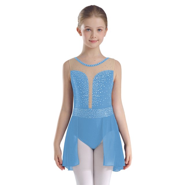 Alvivi Robe de Gymnastique en Strass pour Adolescentes, Sans Manches, Tutu en Maille Transparente, Justaucorps de Ballet, Costume de Performance Lyrique Bleu Clair 10