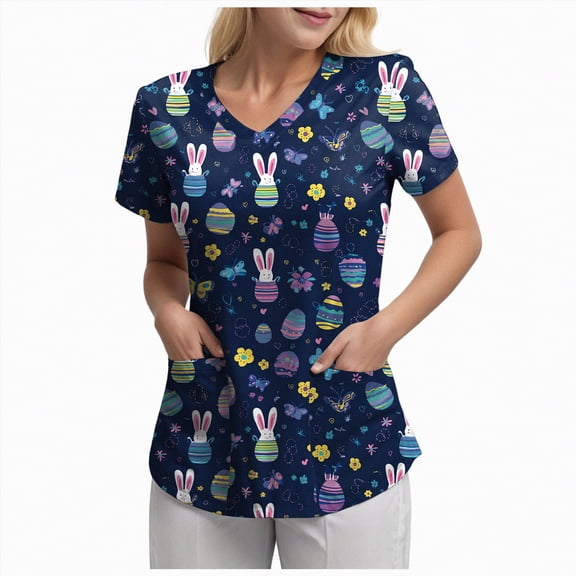 UngA Womens Easter Tshirt Happy Easter Sequin Bunny Shirt Cute Rabbit Graphic Tee Tops Funny Easter Gift Short Sleeve Easter Shirts Women (Navy,S)