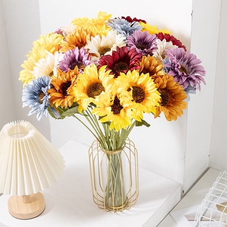 Artificial Sunflowers Bouquet - Colorful 3-Stem Sunflower Spray Silk-Like Floral Arrangement Home Decor Wedding Decor Photography Props