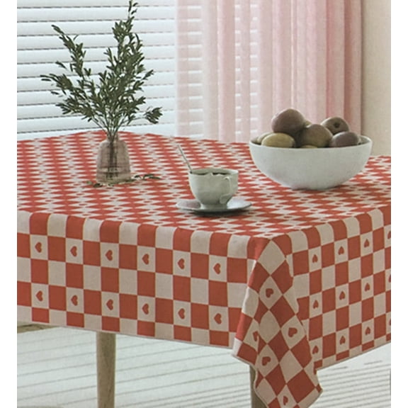 84 x 60 Red Love Heart on Checks PEVA Vinyl Flannel Backed Tablecloth