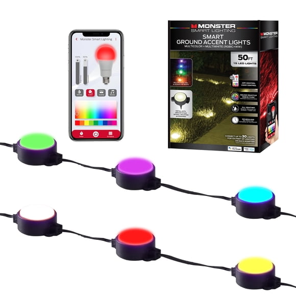 Monster Smart Ground Accent Lights, 50 ft, 15 LED Lights, Multicolor + Multiwhite (RGBIC+ WW), Expandable, Music Sync, App & Voice Control, Works with Alexa/Google, Indoor/Outdoor,