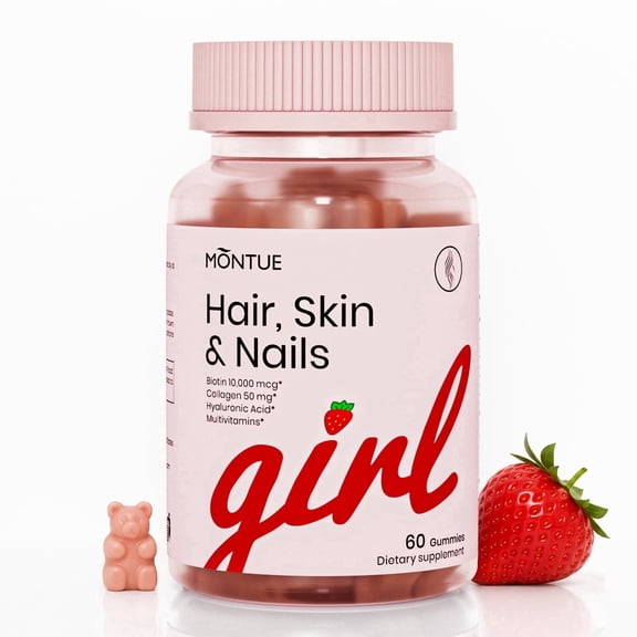 Montue Hair Skin and Nails Gummies, Biotin 10000 mcg with Collagen and Hyaluronic Acid, Strawberry Flavor, 60 Gummies
