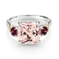 thumbnail image 2 of Gem Stone King 925 Silver and 10K Yellow Gold Peach Nano Morganite and Red Rhodolite Garnet 3 Stone Ring for Women (5.06 Cttw, Gemstone October Birthstone, Cushion 10MM, Round 4MM, Size 5), 2 of 3