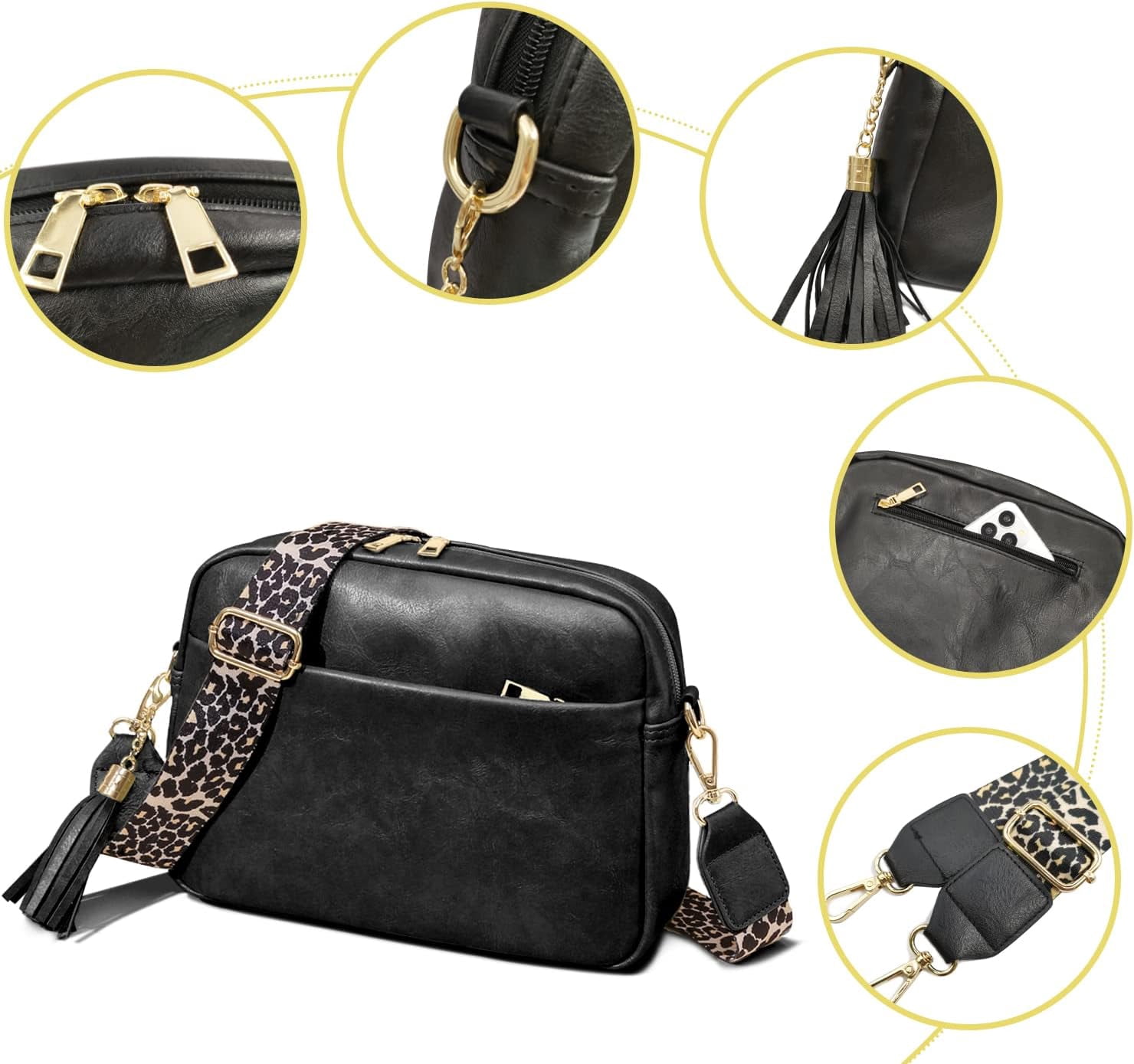 Crossbody Bag for Women Vegan Leather Shoulder Purse with Leopard Adjustable Strap Midsize Zipped Handbag