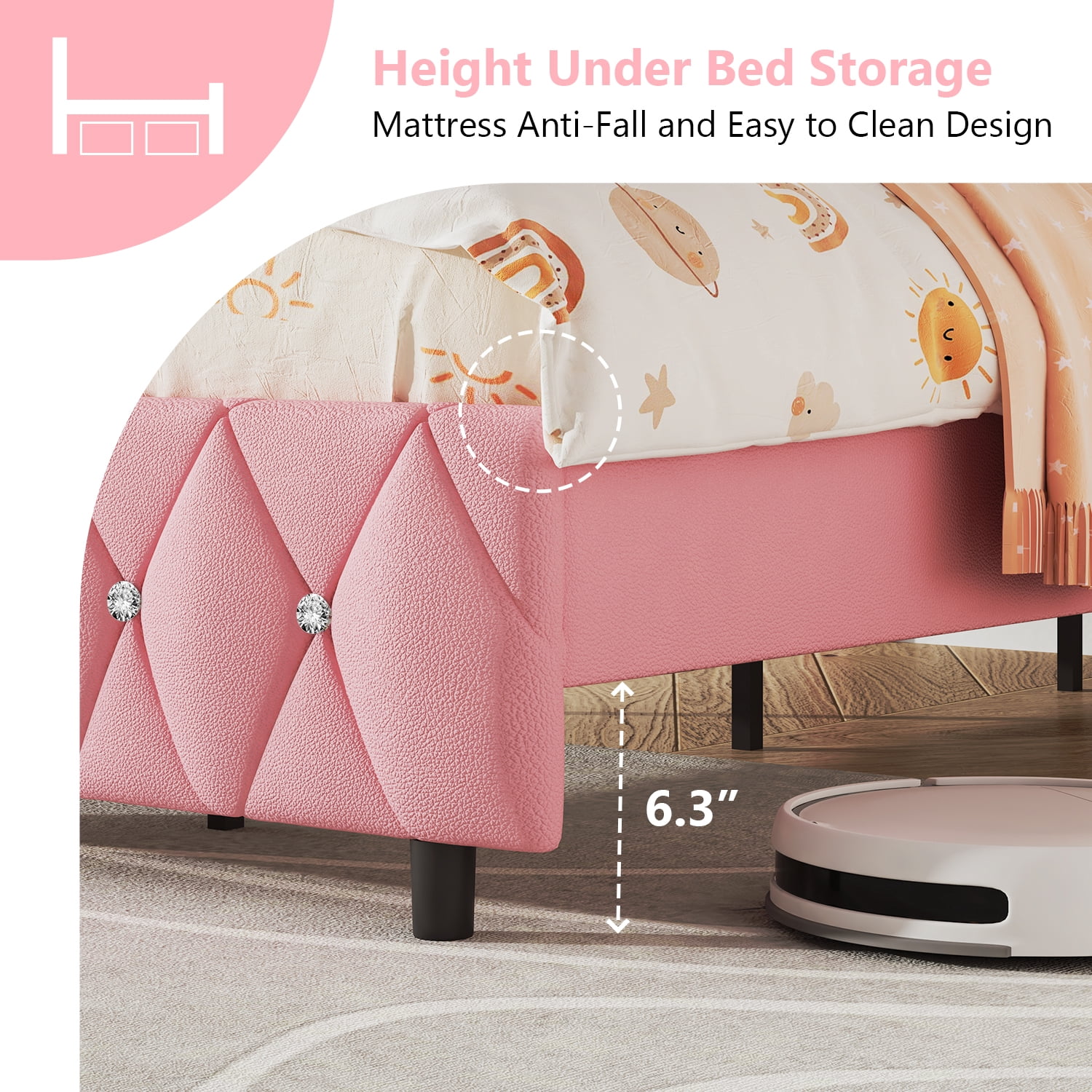 4 EVER WINNER Twin Bed Frame, Upholstered Platform Bed Frame with Headboard and Footboard, Twin Size Bed Frame, Diamond Headboard and Footboard Design, Pink