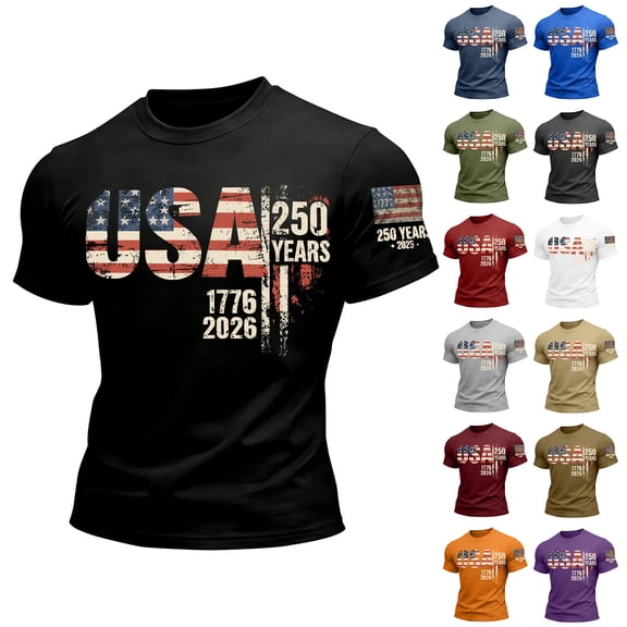 Mens 250 Anniversary USA Shirt Crew Neck Tops American Flag Tshirt Short Sleeve Tee Patriotic 1776-2026 Shirts 250th Anniversary Shirt Mens Tops Army Green L