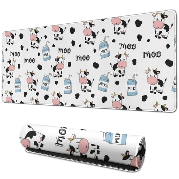 Long Mouse Pads for Desk,White Cow Milk Pattern Desk Mats on Top Of Desks, Desk Mouse Pad Extra Large with 3mm Non-Slip Base and Stitched Edge for Gaming,Office,Work,Home 31.5"x11.8"