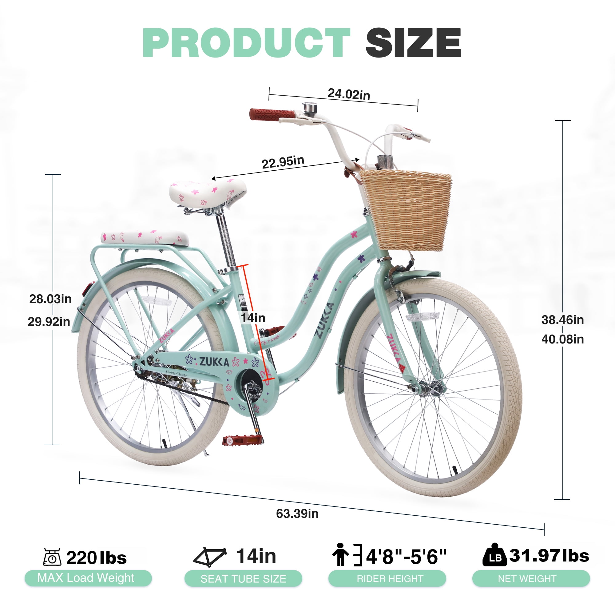 24 Inch Cruiser Bike for Girls, Single Speed Commuter Bicycle with Wicker Basket & Rear Rack, High Carbon Steel Frame Comfort City Bike for Outdoor Riding
