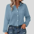 thumbnail image 2 of Lenpel Linen Tops for Women Long Sleeve Collared Curved Hem Pleated Button down Shirts Loose Casual Blouses with Pocket(Sky Blue,X-Large), 2 of 6