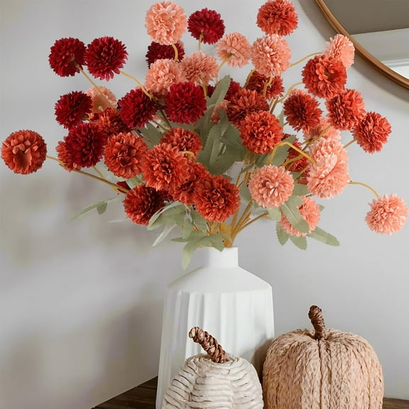 12 Pcs Artificial Chrysanthemum Flowers, Orange Kiku Pom Pom Mums Flower Faux Fall Floral for Autumn Halloween Kitchen Table Centerpiece Home Decor (12, Burgundy, Burnt Orange, Deep Peach)
