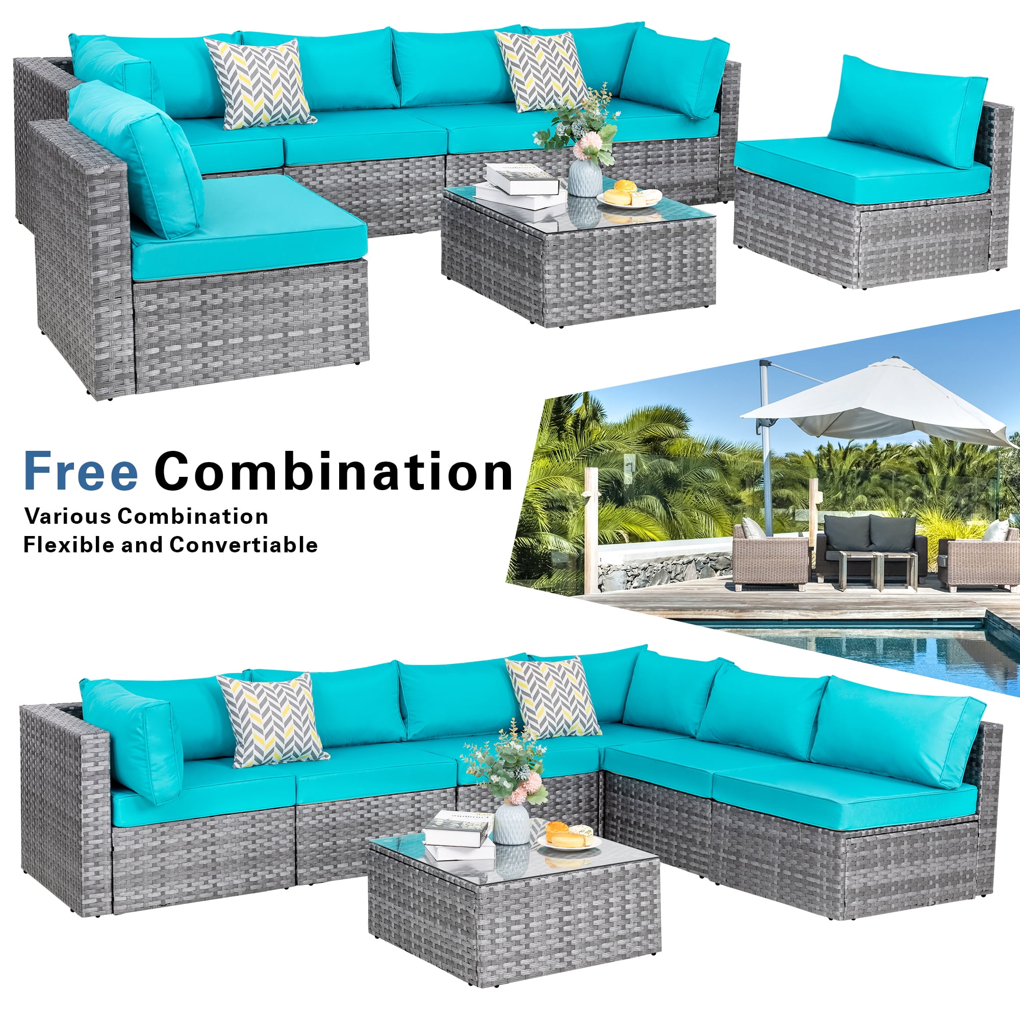 Walsunny 7 Piece Outdoor Patio Furniture Set, All-Weather PE Rattan Wicker Modular Sectional Conversation Sofa Set with Thick Cushions & Glass Coffee Table for Backyard, Poolside, Garden, Blue