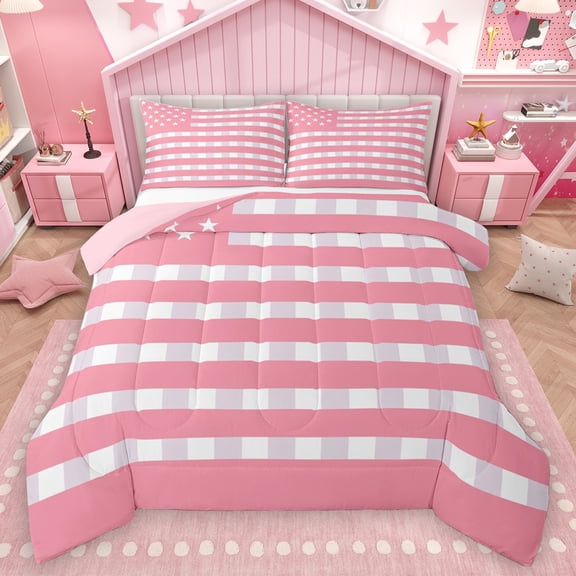 Homewish Fashion American Flag Bedding Comforter Set, Girly Pink Stripes Twin Comforter Sets, Modern Abstract Ombre Reversible Bedding Set, Luxury Bedroom Decor, 2pcs