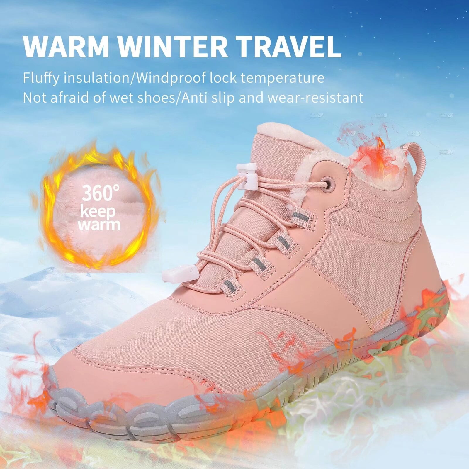 Yunkctuk Hiking Winter Footwear Barefoot Shoes Womens Mens,Snow Boots,Waterproof Wide Toe Box Barefoot Shoes,Warm Fur Lined Ankle Booties Hiking Trekking Trail Climbing Shoes Lace Up Anti-Slip Shoes