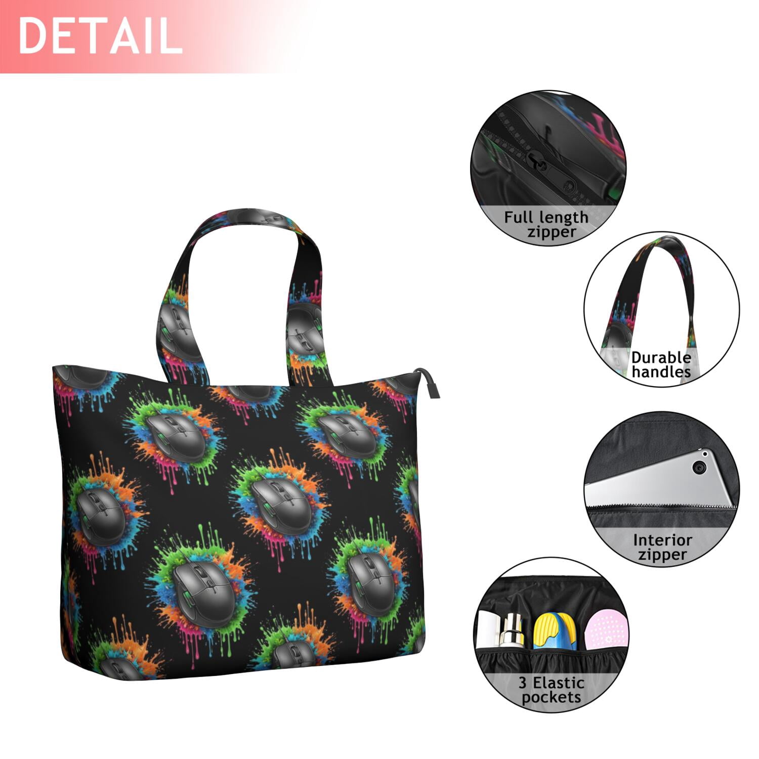 Colorful Mouse Games Black Pattern Travel Tote Bags for Women Carry On,Large Weekender Bags for Women Travel,Multi Functional Duffle Bag for Work,Shopping,Sports