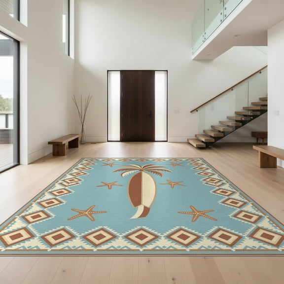 Design&I 8'x10' Washable Area Rug Sleek Flatweave Pet Friendly Surf Nautical Surfboard Arching Palms Geometric Stripe Vintage for King Size Bedroom, Under Bed