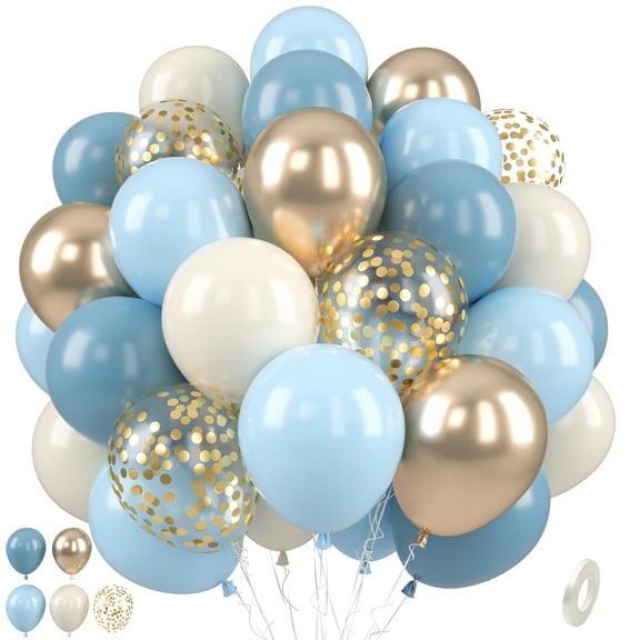 Dusty Blue 50 Pcs 12 Inch Balloons, Light Blue Champagne Gold Confetti Balloons with Ribbon, Pastel Party Decor for Birthday Bridal Shower Engagement
