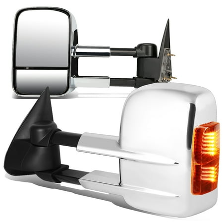 For 2003 to 2007 Chevy Silverado Suburban / GMC Sierra Yukon Pair Chrome Manual + LED Turn Signal Light Towing Mirror