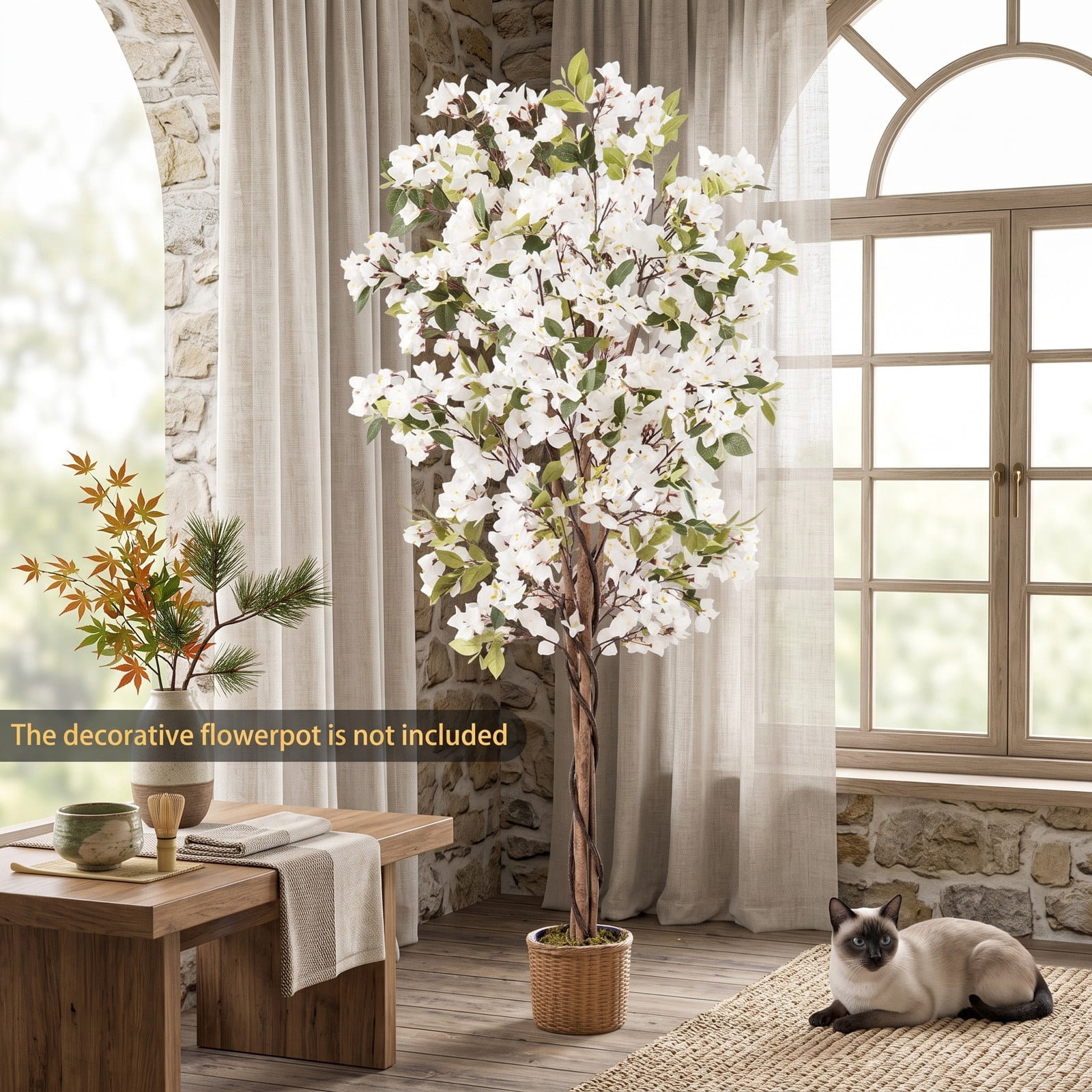 ALPULON 6 FT Artificial Bougainvillea Tree with 910 White Flowers, Faux Silk Flower Tree with Cement-Filled Planter for Indoor Outdoor Home Office Living Room, White