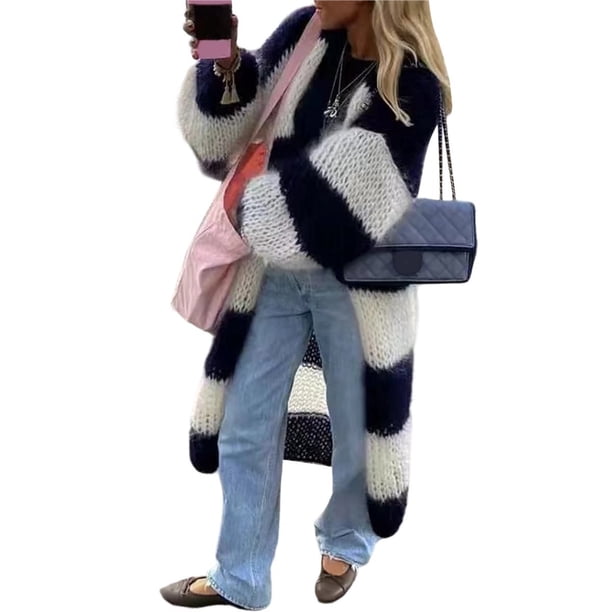Cárdigan de Punto Holgado con Rayas y Bloques de Color para Mujer, y Abierto Azul Marino S