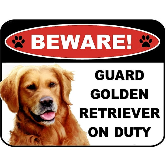 Beware Guard Golden Retriever on Duty (v1) 9 inch x 11.5 inch Laminated Dog Sign
