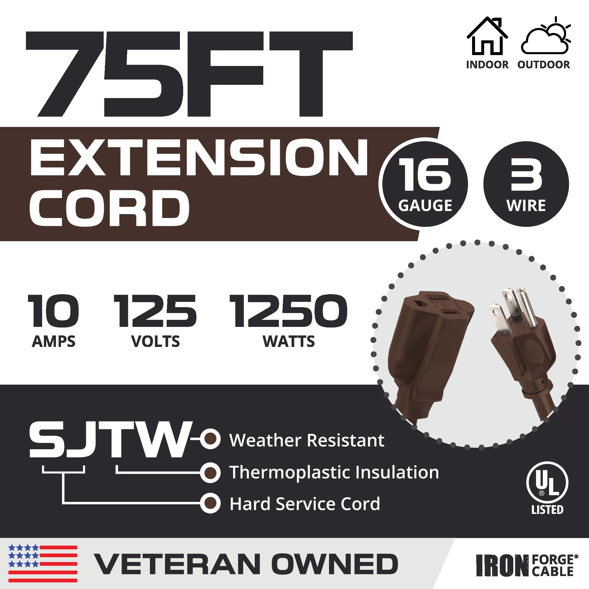 Iron Forge Cable Outdoor Brown Extension Cord 75 ft - 16 Gauge 10 Amp Heavy Duty Brown Outdoor Extension Cords 3 Prong - 16/3 SJTW Great for Outdoor