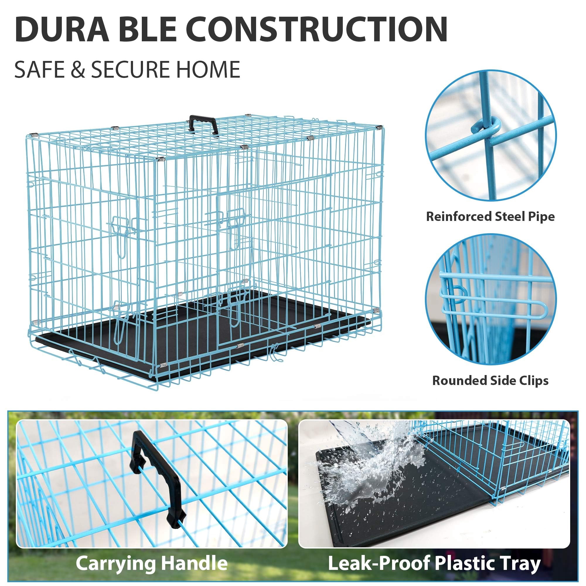 CL.HPAHKL 24 Inch Small Dog Cages for Inside, Portable Foldable Metal Crates for Dogs with Double Door & Removable Tray Small Wire Dog Kennel with Divider for Small Puppy, Cat Indoor Outdoor, Blue