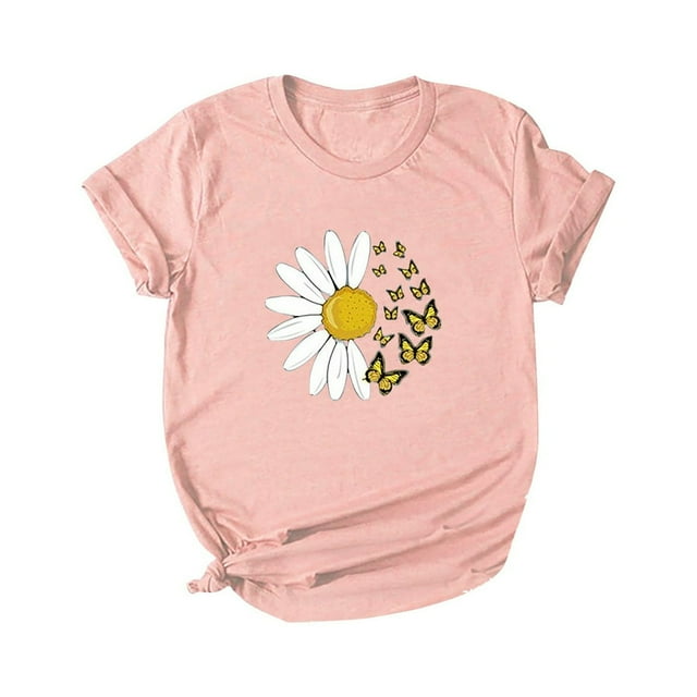T-shirt à Manches Courtes à Imprimé Papillon et Marguerite pour Femme