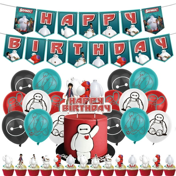 32 PCS For Baymax Birthday Party Decorations, With 1 Happy Birthday Banner Garland,16 Balloons,15 Cupcake Toppers for decorative supplies set