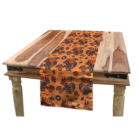 Animal Table Runner, Repetitive Ethnic Motifs Print Squirrels Flowers and Mushrooms Pattern, Dining Room Kitchen Rectangular Runner, 3 Sizes, by Ambesonne