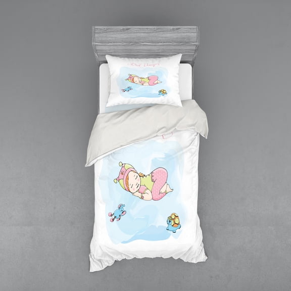 Saying Duvet Cover Set, Girl Sleeping with Her Toys Teddy Tortoise and Elephant Cartoon Illustration, Bedding Set with Shams and Fitted Sheet, 3 Sizes, by Ambesonne