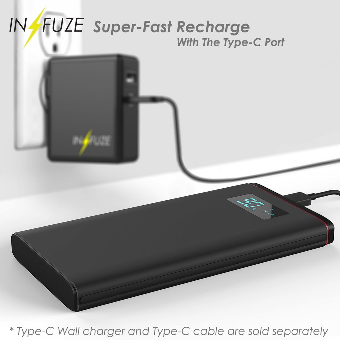 Power Bank Portable Fast Charger - 10000mAh External Battery [QUICK CHARGE 2.0/3.0] with 2 Ports [1x USB 1x Type-C] and EASY TO READ LED DISPLAY for Sonim XP8, XP10, XP5plus