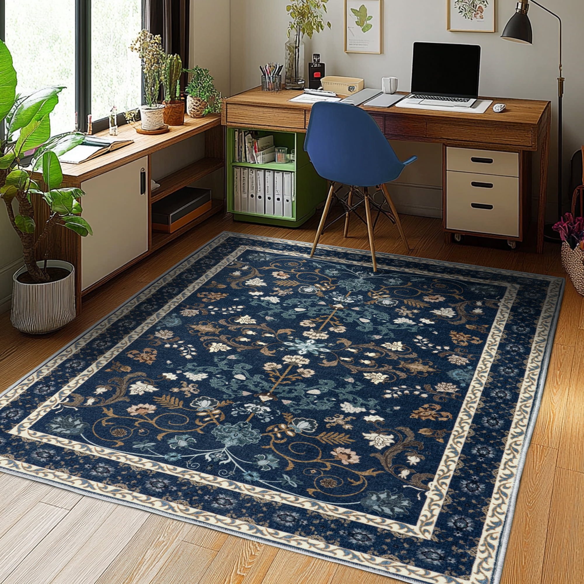 ZENELESS Washable Area Rug,4x6 Non-Slip Foldable Ultra-Thin Soft Carpet for Living Room Bedroom Bathroom Kitchen Entryway Office,Dark Blue