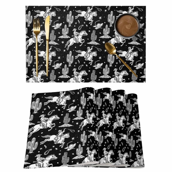 Placemats Set of 4, Western Cowboys Woven Placemat, Linen Place Mats for Kitchen/Dining Tables, Vintage Desert Cactus Horseshoe Black Washable Table Mats for Party