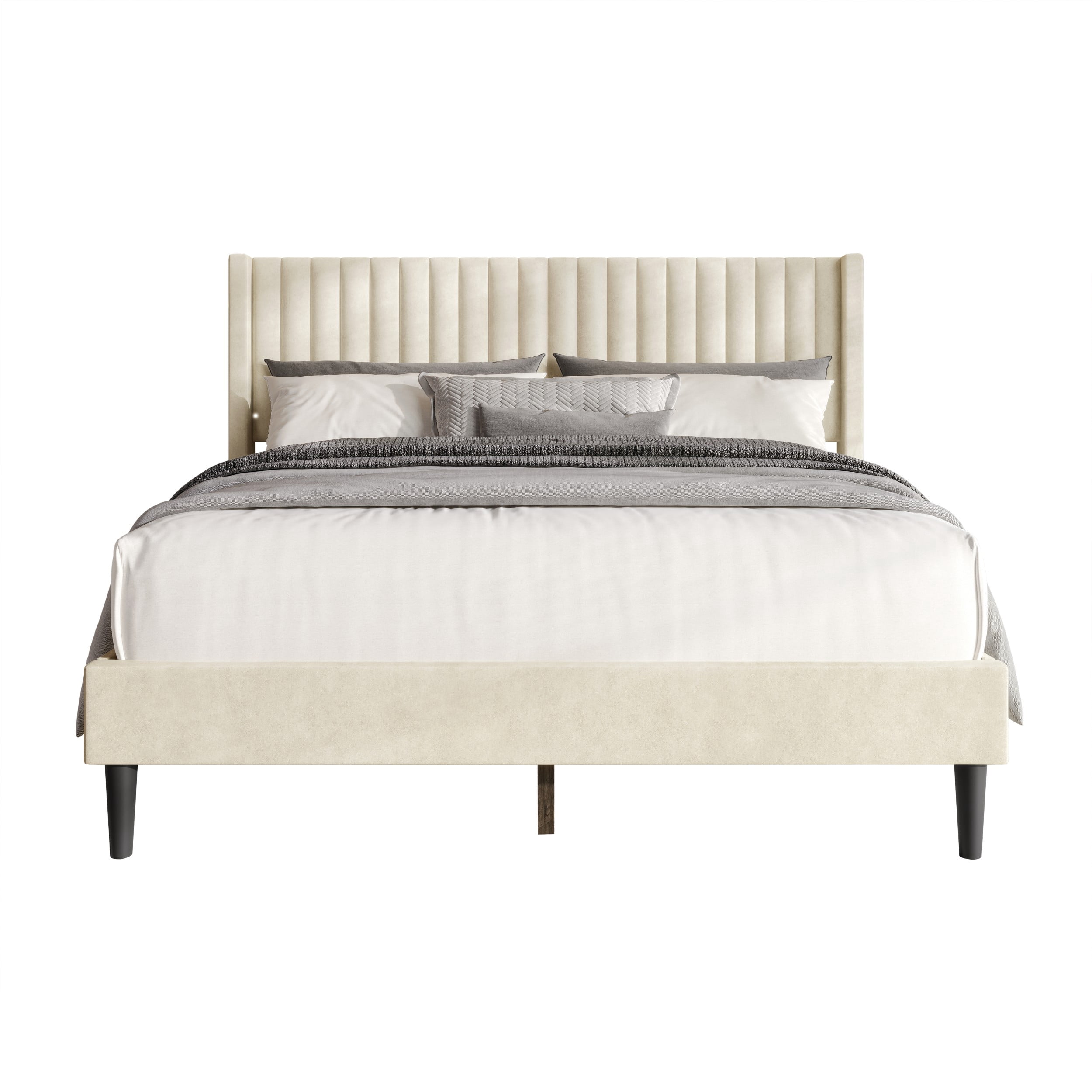 Favorer Montrose Upholstered Wingback Bed, Channel Tufted Headboard, Platform Design