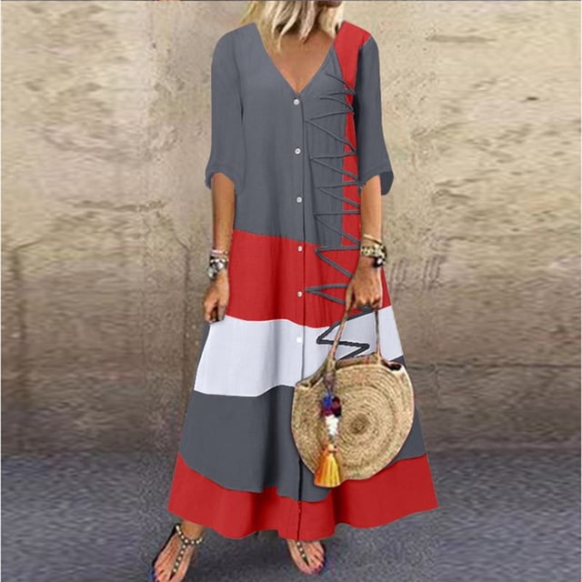 SMihono Robe Maxi Bohème d'Été pour Femmes Grande Taille Mode Décontractée Manches Courtes Col en V Bouton Imprimé Robe Longue Ample Plage Robe d'Été