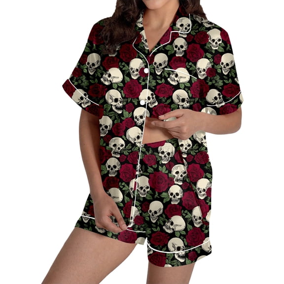 Tisuna Halloween Pajamas Set For Womens Skull Print Short Sleeve Button Down Tops And Shorts Sleepwear Pjs Sets Cute 2 Pieces Homewear S-XXL