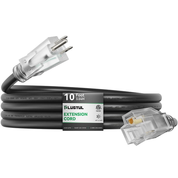 Cable de extensión para exteriores PLUGTUL, 10 pies, calibre 12, 15 A, 1875 W, negro